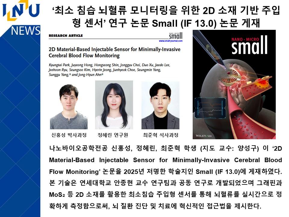 ‘최소 침습 뇌혈류 모니터링을 위한 2D 소재 기반 주입형 센서’ 연구 논문 Small (IF 13.0) 논문 게재 대표이미지