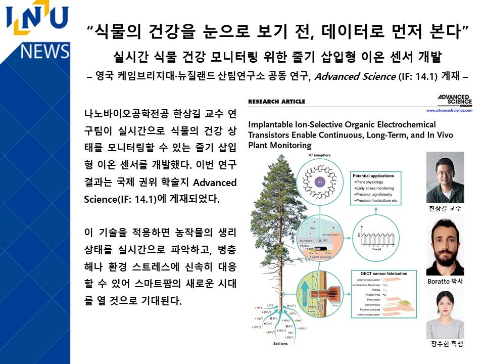 실시간 식물 건강 모니터링 위한 줄기 삽입형 이온 센서 개발 – 영국 케임브리지대·뉴질랜드 산림연구소 공동 연구, Advanced Science (IF: 14.1) 게재 – 대표이미지